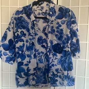 Ann Taylor Blue Floral Tie  Blouse